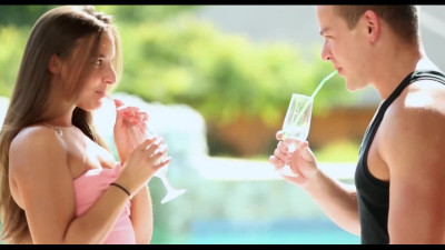 Cocktail  and then cock for tanned teen by the swimming pool