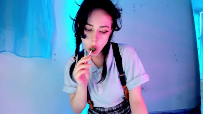 Amazing solo of a teen with a lollipop and giant dildo