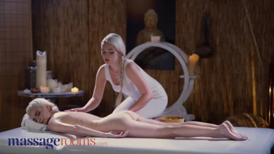 Lovita Fate and Mia Casanova play with tongues after a warm Romantic massage.