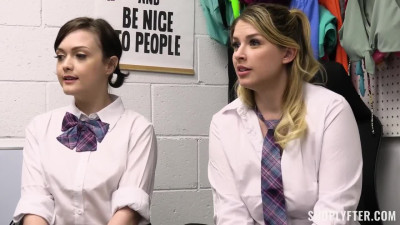 Two shoplifting girls Riley Reign and Jade Valentine are fucked in the office