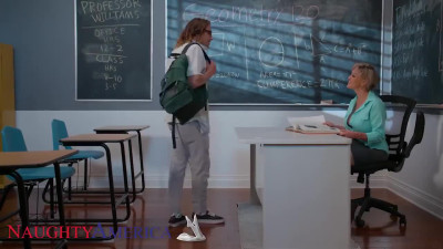 Busty teacher wants her student to focus on...her big fake tits