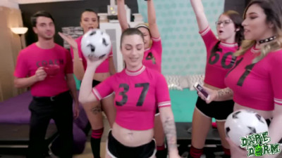 Soccer girls share one dick during breathtaking group-session with their Couch