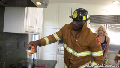 Two black firemen saved white pussy by quenching her inner lust with strong BBCs
