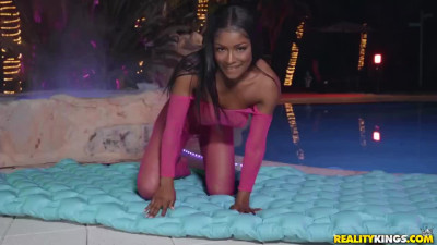 Ebonie's lubed pussy receives deep BWC penetration by the Pool