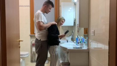 My Italian sister spreads legs for tattooed friend in the bathroom
