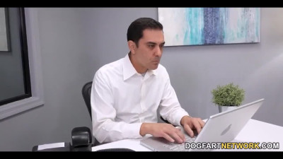 Busty wife has fun with two BBCs in the office while her cuckold husband watches it - threesome