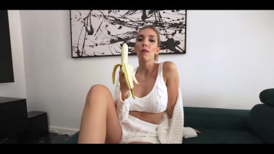My busty roommate jerks off my willie and sucks it after eating banana - POV