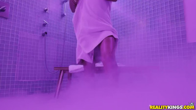 Joyful damsel nailed in shower after masturbation