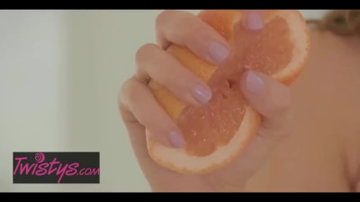 Two wonderful lezzies Elena Koshka and Sophie Sparks spill orange juice on their pussies while fucking