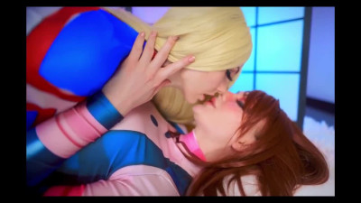 Two fine lezzies playing with a dildo on My Hero Academia costumes