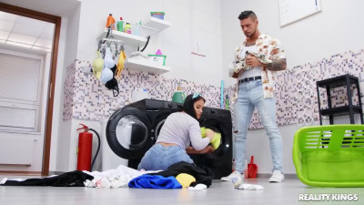 Angelo Godshack breaks Jennifer Mendez' snatch in the laundry room