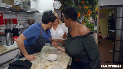 Two mature cougars tone themselves up with a barista cock - interracial threesome
