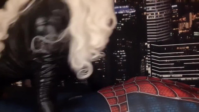 Curvy Black Cat steals Spiderman's seed after giving blowjob