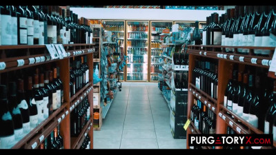 Crazy bitch fucks her holes with a bottle in the supermarket