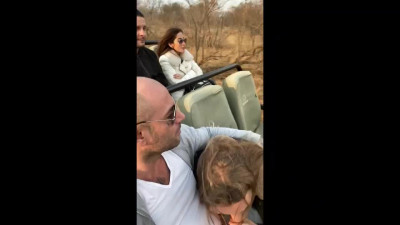 Hottie sucks BF's cock and swallows Cum during Outdoor Safari Ride