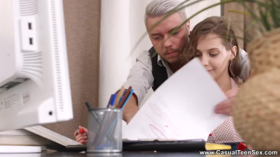 Teacher with boner smashed teen's ass right on the table