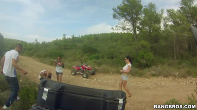 Hot Milf with fake tits seduces stranger with her oiled body in public place