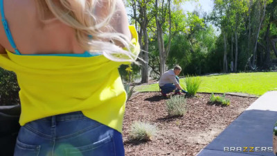 Flirty blonde in stockings shows her husband how she fucks with gardener