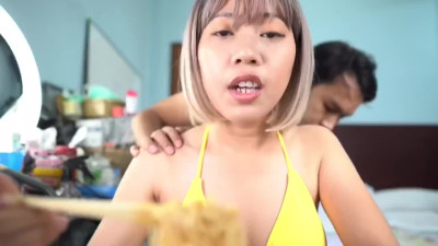 Pinay teen eats noodles while BF fucks her mercilessly - food porn