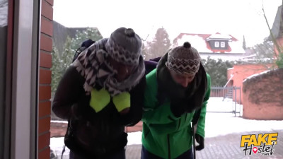 Busty hostess brings something hot for frozen tourists - interracial threesome