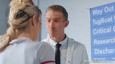 Slutty Nurse sucks Doc's huge cock and shows big boobs in missionary