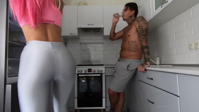Oiled up stepsister banged hard in the kitchen