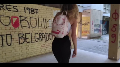 Nerdy Russian chick flashes boobs in Public and sucks in POV
