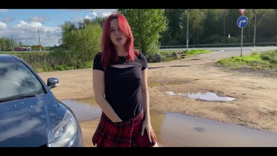 Public striptease on a highway from aroused Russian redhead