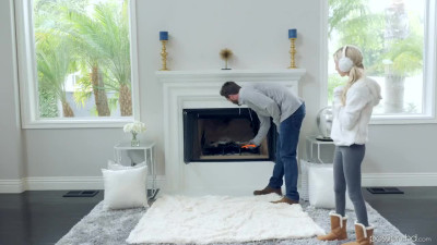 Petite teenager handles bf's inches by the fireplace