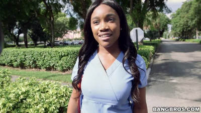 Flirty ebony nurse with fake tits fucked in the Bang Bus
