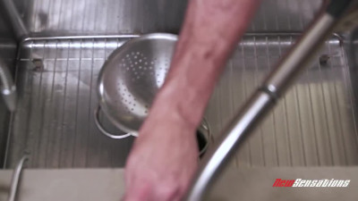 Brunette wife with huge tits plays with big cock and fucks in the kitchen