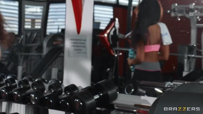 Black bitched stretched out with her bald trainer in the gym