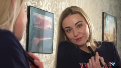 Busty blonde chick with long legs is going solo