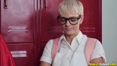 Nerdy girl watches the lucky cheerleader taking a BBC in changing room
