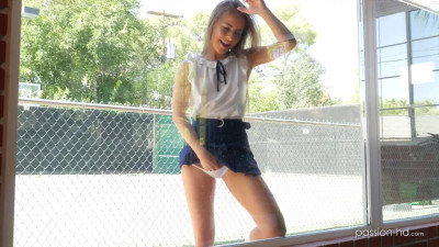 Petite blonde spreads legs in the gym for her coach from school