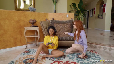 Ebony gamer and her redhead bestie get nailed during playing a video game