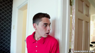 Busty brunette stepmom Reagan Foxx caught her son voyeuring and punished him in the bathroom