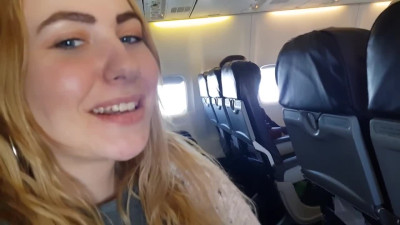 Handjob in the airplane with pretty blonde teen