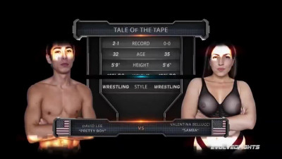 Naked wrestling with curvy brunette and muscular Asian guy