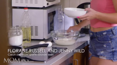 Lesbian stepfamily is having hot fuck while cooking breakfast