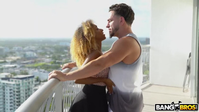 Busty milf humps with bff's boyfriend after watching them having sex on a balcony