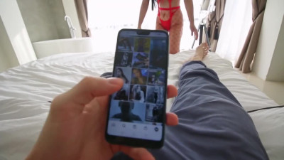 Slutty Asian GF rides my cock in ripped fishnet pantyhose