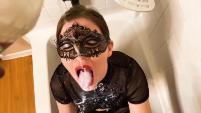 Brunette in mask takes milk and cum from BBC