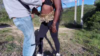 Horny Ebony babe shows perfect ass and fucks outdoor