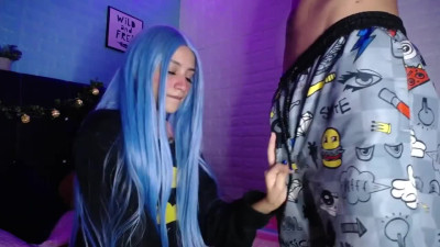 Blue-haired teen blows Long Cock of her Buddy