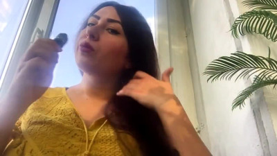 Juicy MILF smokes E-Cig and shows her breast in hot solo show!
