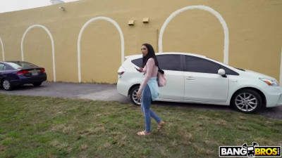 Lusty brunette makes sex at the car