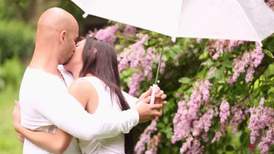 The true love story as two beloved have erotic sex on the bench outdoor