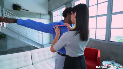Brunette milf handles with giant bbc on a couch