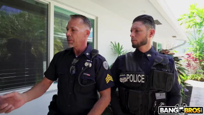 Nerdy teen hon is deep banged by two huge police cocks in a threesome
